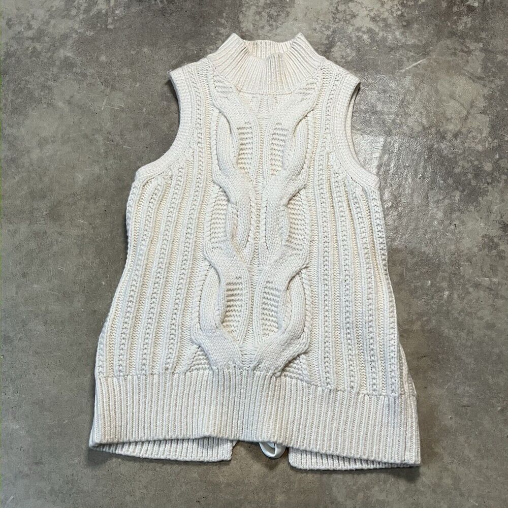 Club Monaco Sweater Womens Small Petite Ivory Cable Knit Tie Back Sleeveless‎
